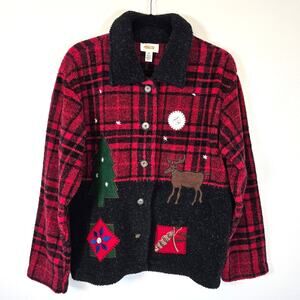 Talbots Fleece Jacket Womens M Red Black Check Lumberjack Cabin Lodge Vintage